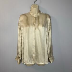 Vince Silk Striped Cream Long Sleeve Shirt Elegant Minimalist Women's S